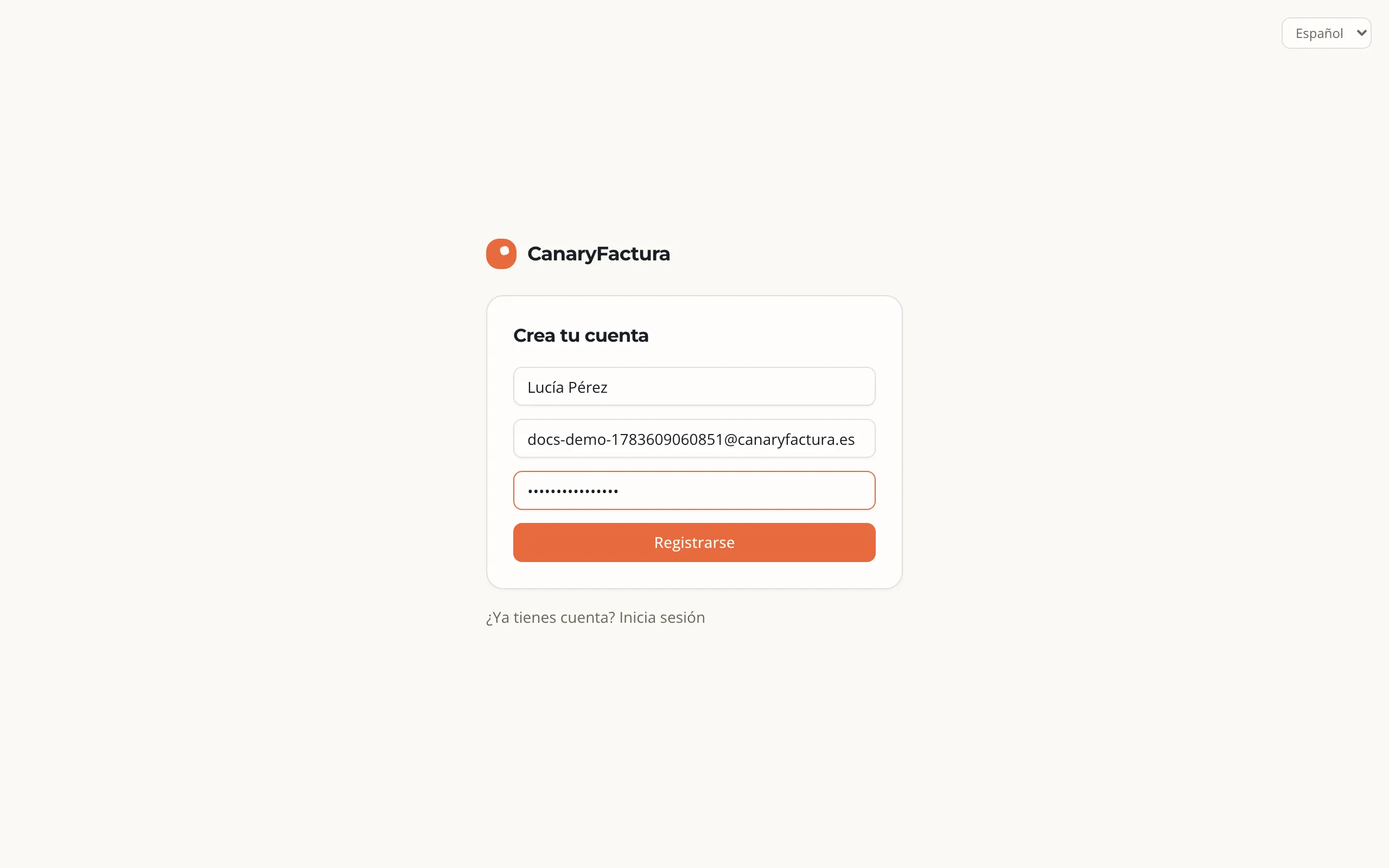 La pantalla de registro